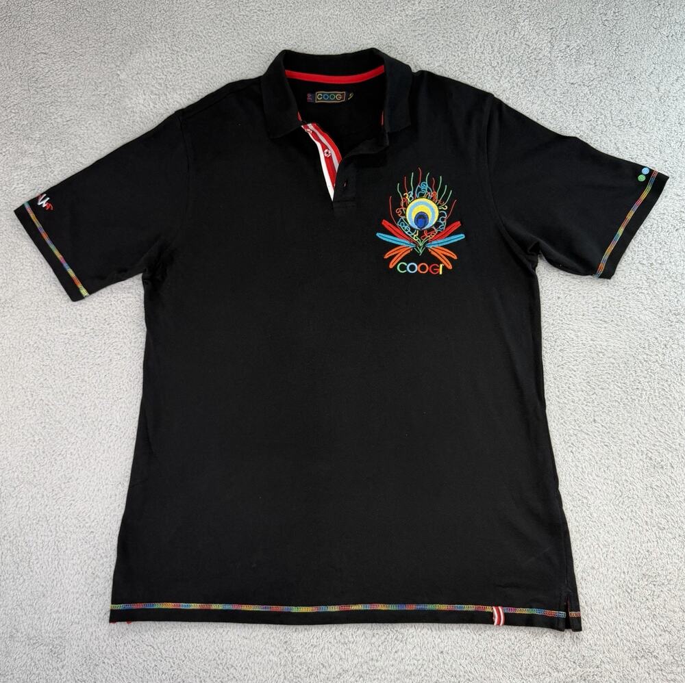 Coogi Mens 2XL Black Polo Shirt Embroidered Headdress Graphic Short Sleeve
